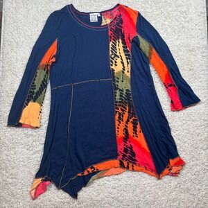 Parsley & Sage Womens Navy Blue Tie Dye Patchwork Sharkbite Hem Tunic Top Large